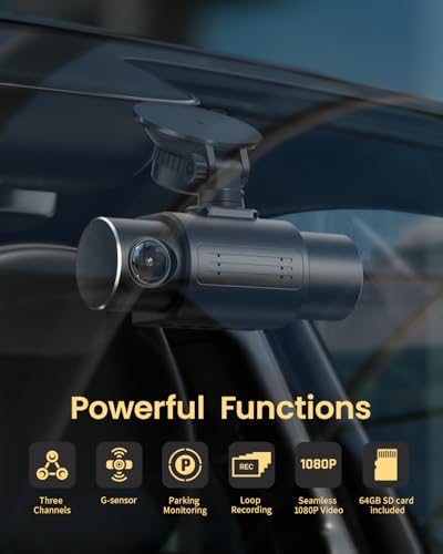iiwey Dash Cam Front Rear and Inside 1080P Three Channels with IR Night Vision Car Camera SD Card Included Dashboard Camera Dashcam for Cars HDR Motion Detection and G-Sensor for Car, Taxi, Uber