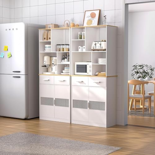 VECELO Kitchen Pantry Cabinet, 72'' Tall Pantry with Microwave Stand, Kitchen Hutch with Storage Drawers and Shelves for Dining Room, Living Room, White