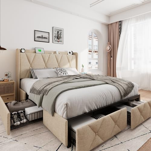 iPormis Queen Bed Frame with 4 Storage Drawers, Upholstered Platform Bed Frame with Charging Station, Modern Wingback Storage Headboard, Easy Assembly, Black