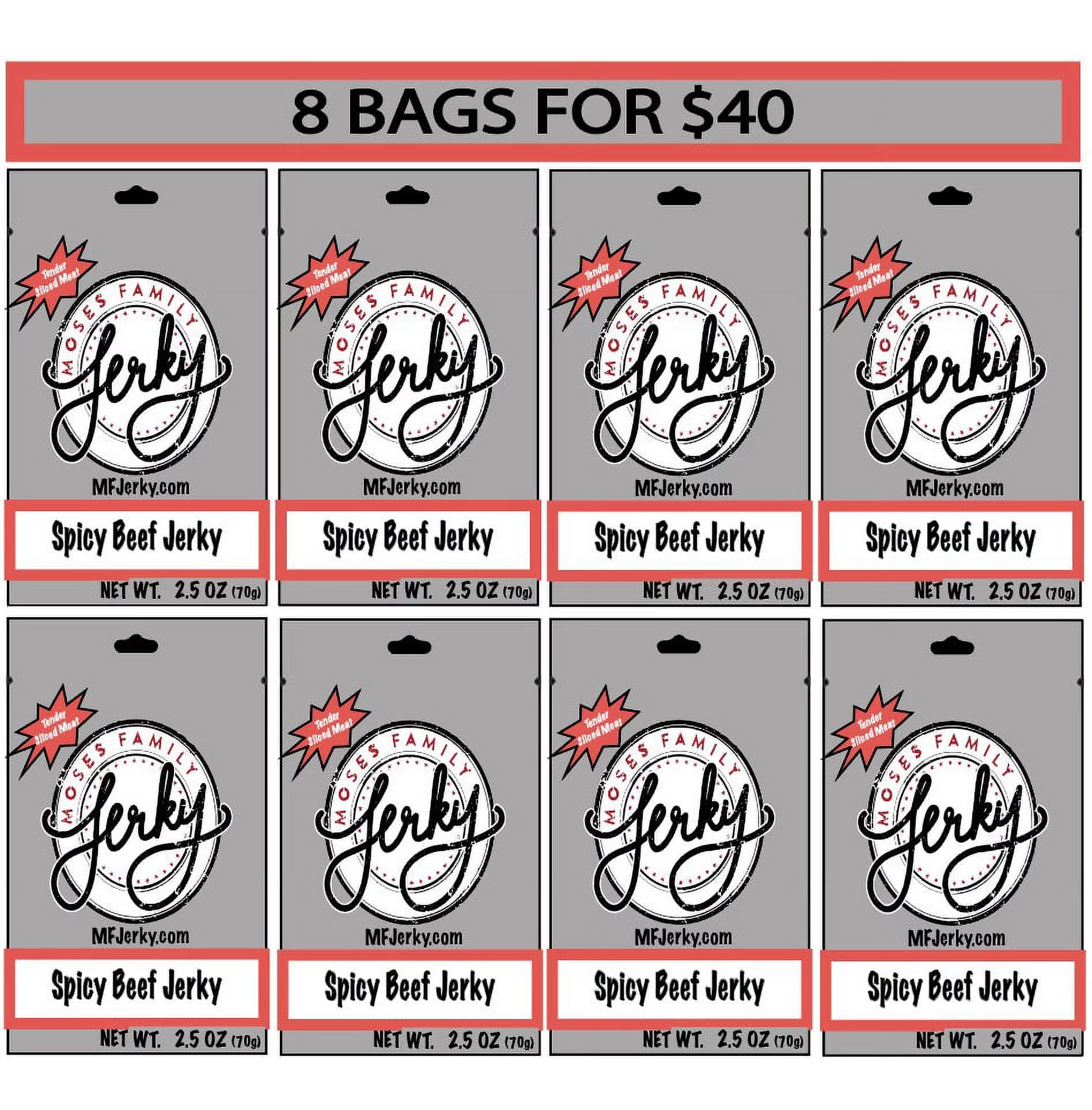 Moses Family Jerky, Spicy Beef Jerky, 2.5 Ounce (Pack of 8), Tender Sliced Meat