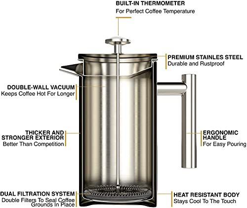 Barista Warrior French Press with Thermometer - Insulated Coffee Press - Stainless Steel Coffee Maker (1.0L | 34 fl oz) (White)