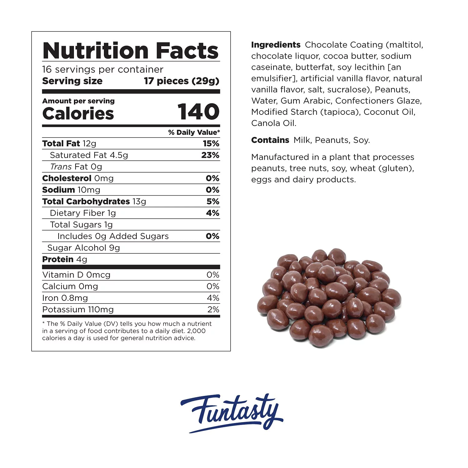 Funtasty Sugar Free Milk Chocolate Covered Peanuts, Keto Friendly, 1 Pound