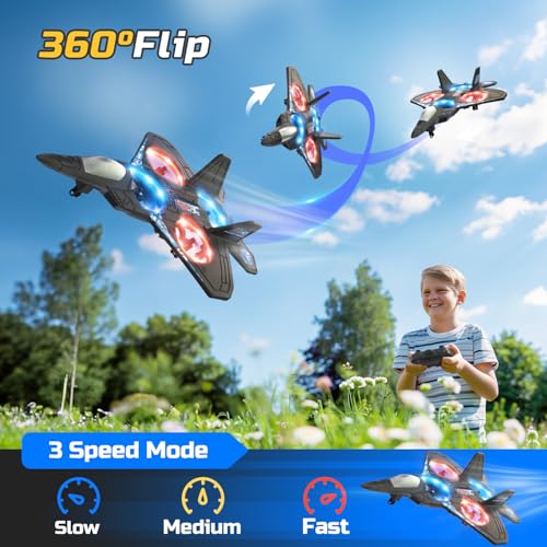 Foam Drone RC Airplane for Kids and Beginners, Remote Control Plane Fighter Jet with Light, Auto Hovering, 360° Flip and 2 Batteries (16 Mins)