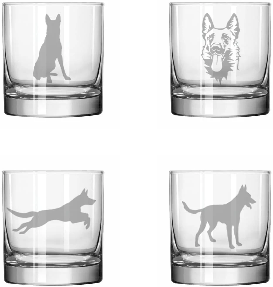 MIP Set of 4 Glass 11 oz Rocks Whiskey Glass Gift Belgian Malinois Collection