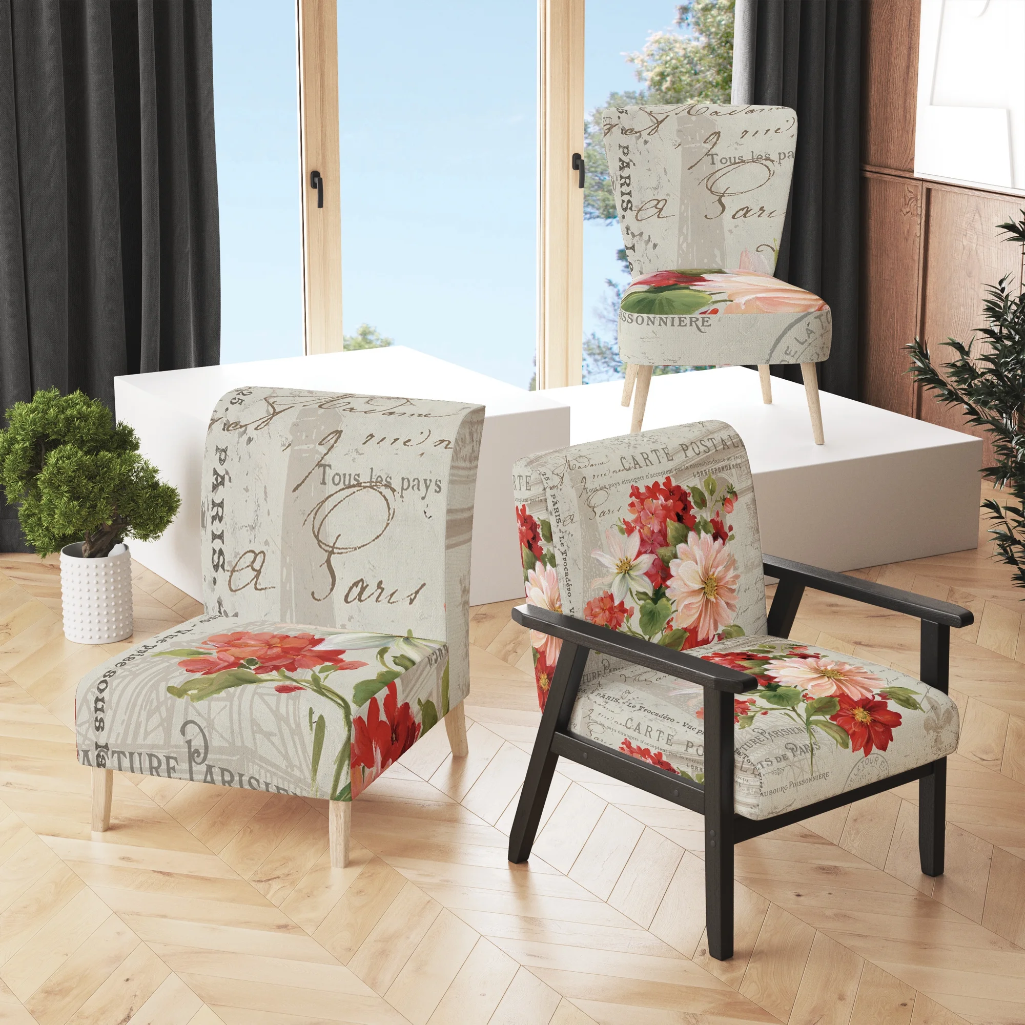 Designart "Red Painted Flowers On VIntage Postcard II" Upholstered Farmhouse Accent Chair - Arm Chair