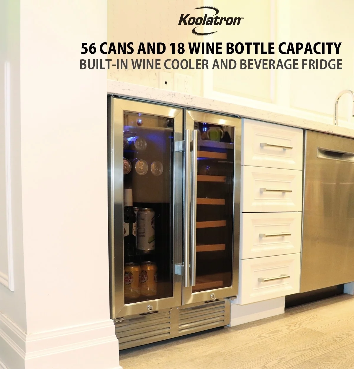 Koolatron 18 Bottles and 56 Cans Built-In Under-Counter 24 Inch Dual Zone Wine Cooler and Beverage Fridge