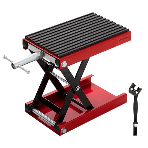 VIVOHOME Motorcycle Lift Scissor Jack 1200LBS Steel Wide Deck Upgraded Rubber Pad Hoist Crank Center Stand for Motorcycles, ATVs, Dirt Bikes Red