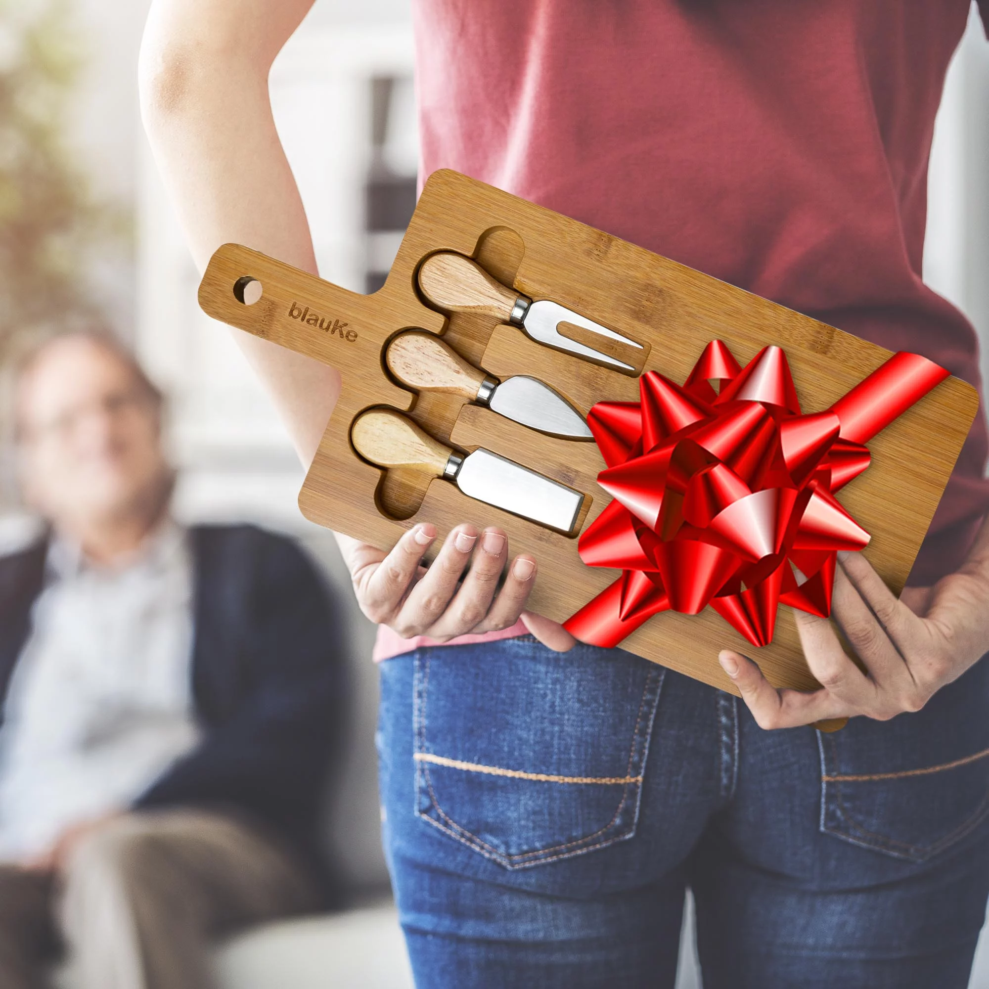 BlauKe® Bamboo Cheese Board and Knife Set 12x8 inch - Wood Cheese Cutting Board, Serving Tray Platter, Charcuterie Board Set, Magnetic Cheese Knives