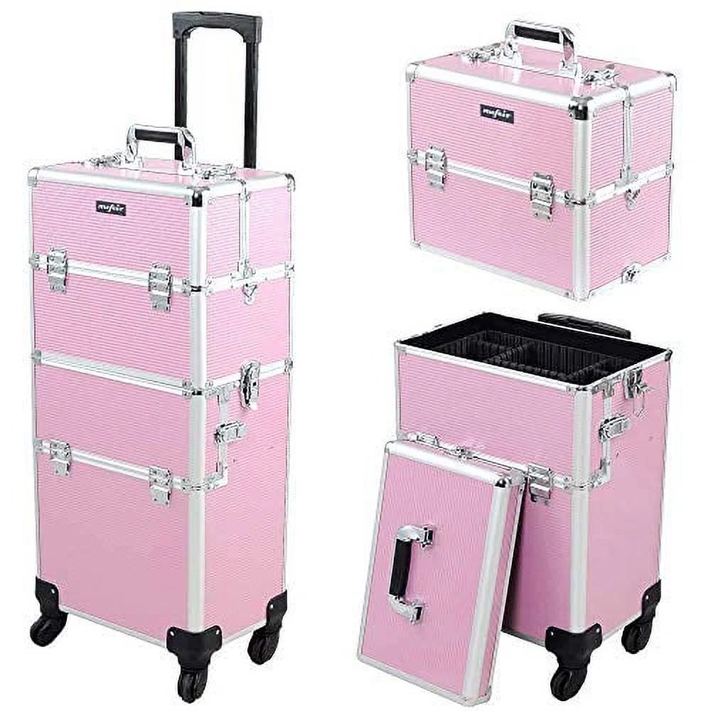 2 in 1 Rolling Makeup Train Case, Makeup Travel Organizer Cosmetic Case, Aluminum Cosmetology Display Suitcase on Wheels, Beauty Storage Luggage Lockable w/4 Removable Wheels (Pink)