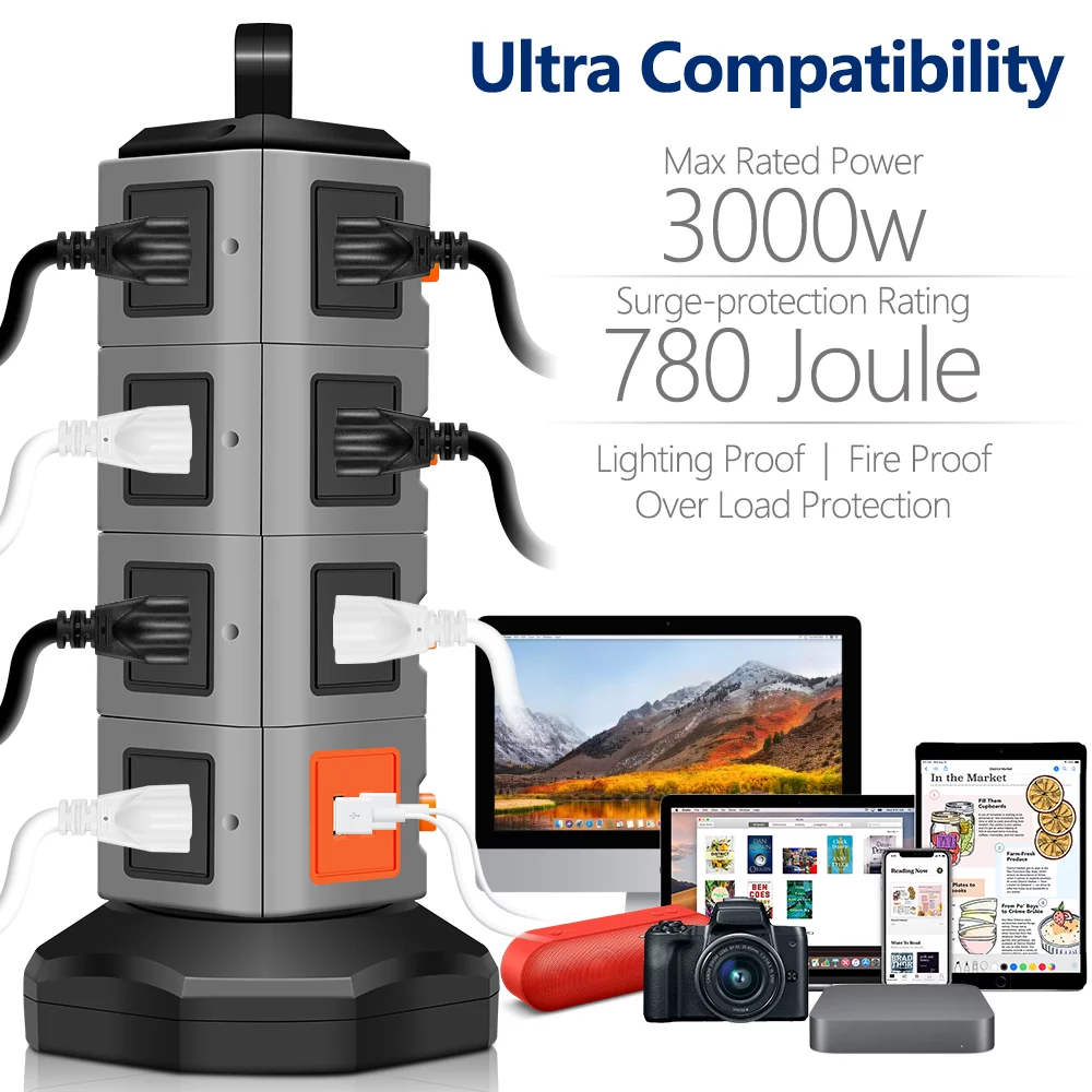 14 Outlet Surge Protector Power Strip with 4 Port USB Charging Ports Multiple USB Output Surge Overload Protector 6.5 Feet for Electronic Device