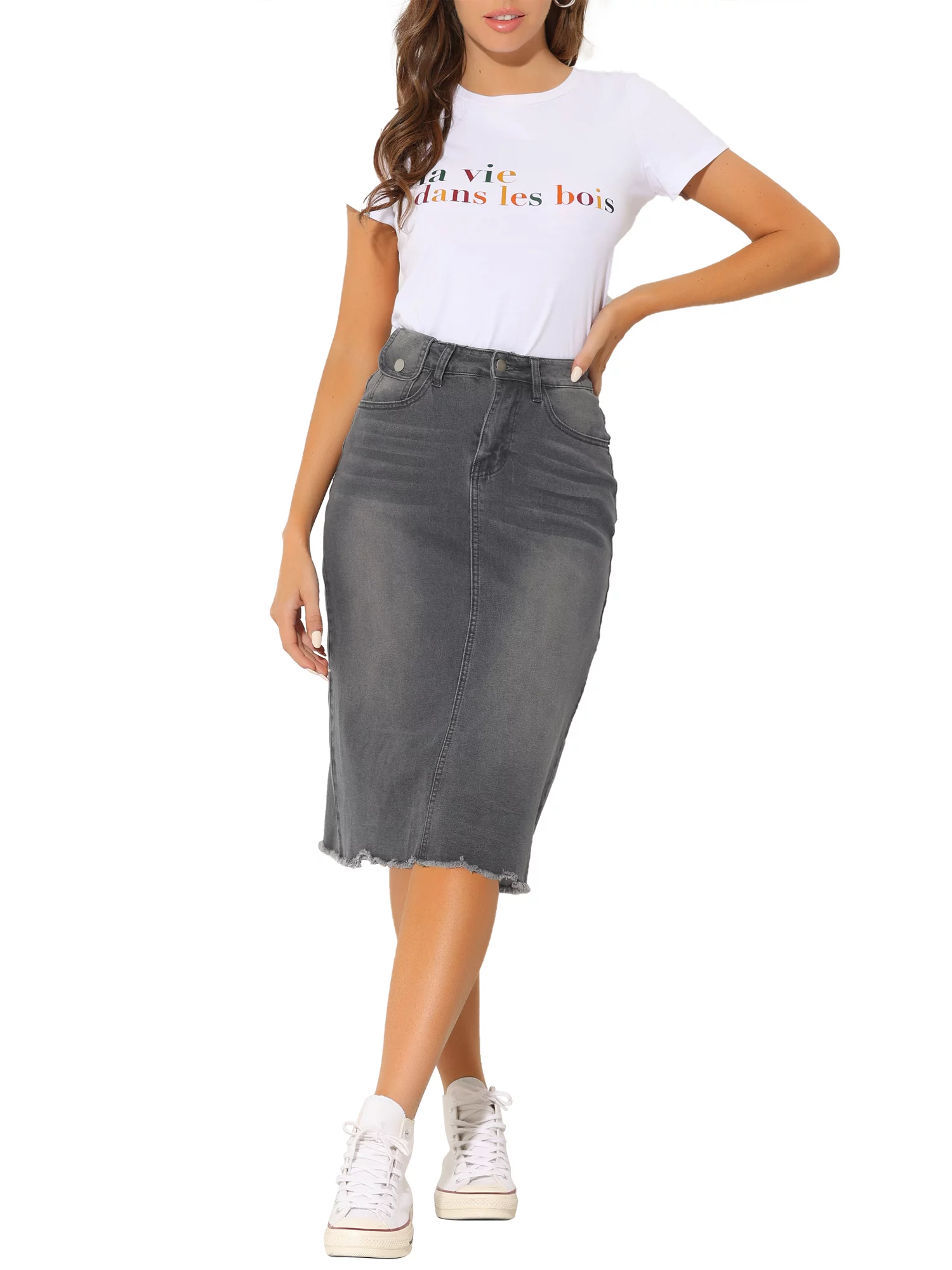Allegra K Women's Solid High Waist Back Vent Knee Length Denim Skirt