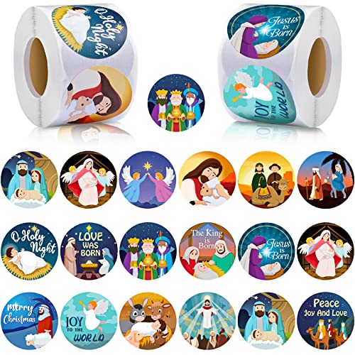 800 Pcs Christmas Religious Stickers Christmas Nativity Stickers Jesus Sticker Christian Christmas Faith Roll Sticker Labels for Xmas Cards Envelopes Candy Favor Craft,16 Designs (Cartoon Style)