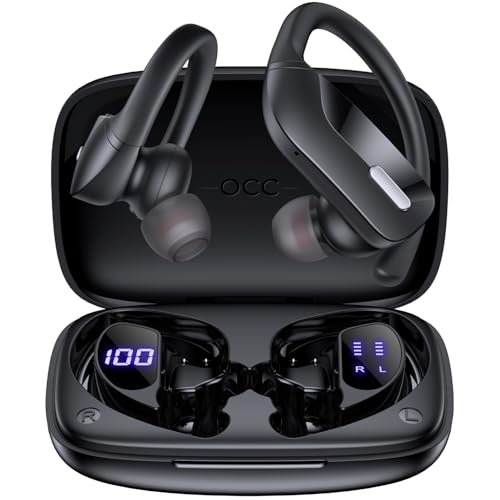 Wireless Ear Hook Sport Earbuds, Bluetooth Headphones with Mic, IPX5 Waterproof, 80H Playtime, Deep Bass, Secure Fit for Running Gym Workout - Black