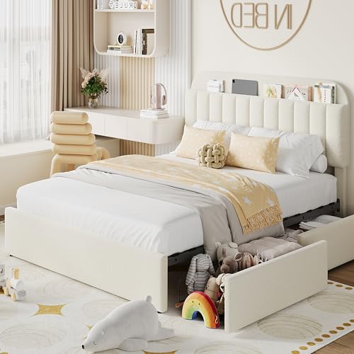 IDEALHOUSE Twin Bed Frame for Kids, Boucle Upholstered Platform Bed for Boys/Girls with 2 Flexible Drawers, Bookcase Headboard, Noise-Free, Easy Assembly, No Box Spring Needed, Beige