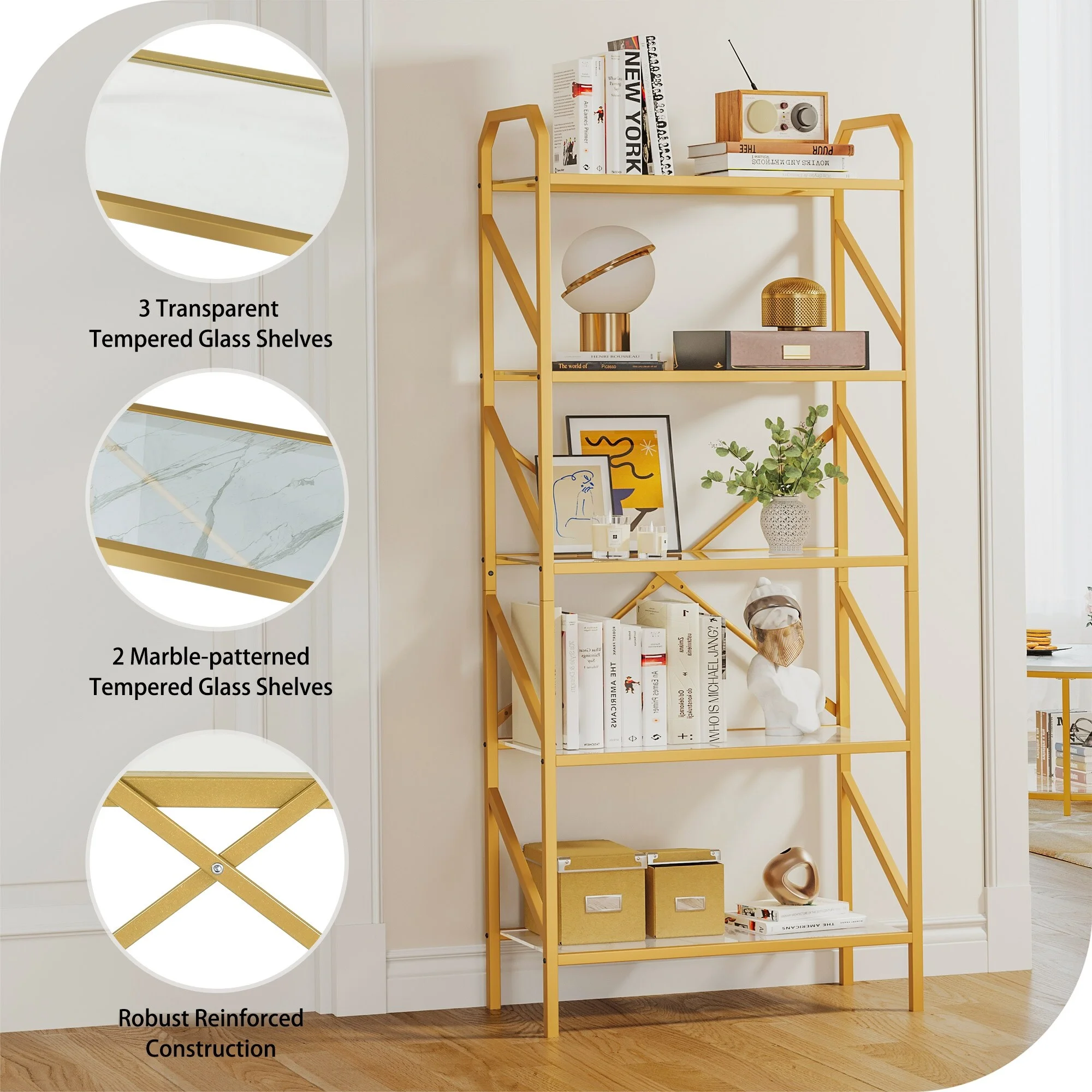 WedealFu Inc 5-Tier Bookshelf 62-inch Tall Gold Metal and Glass Bookcase
