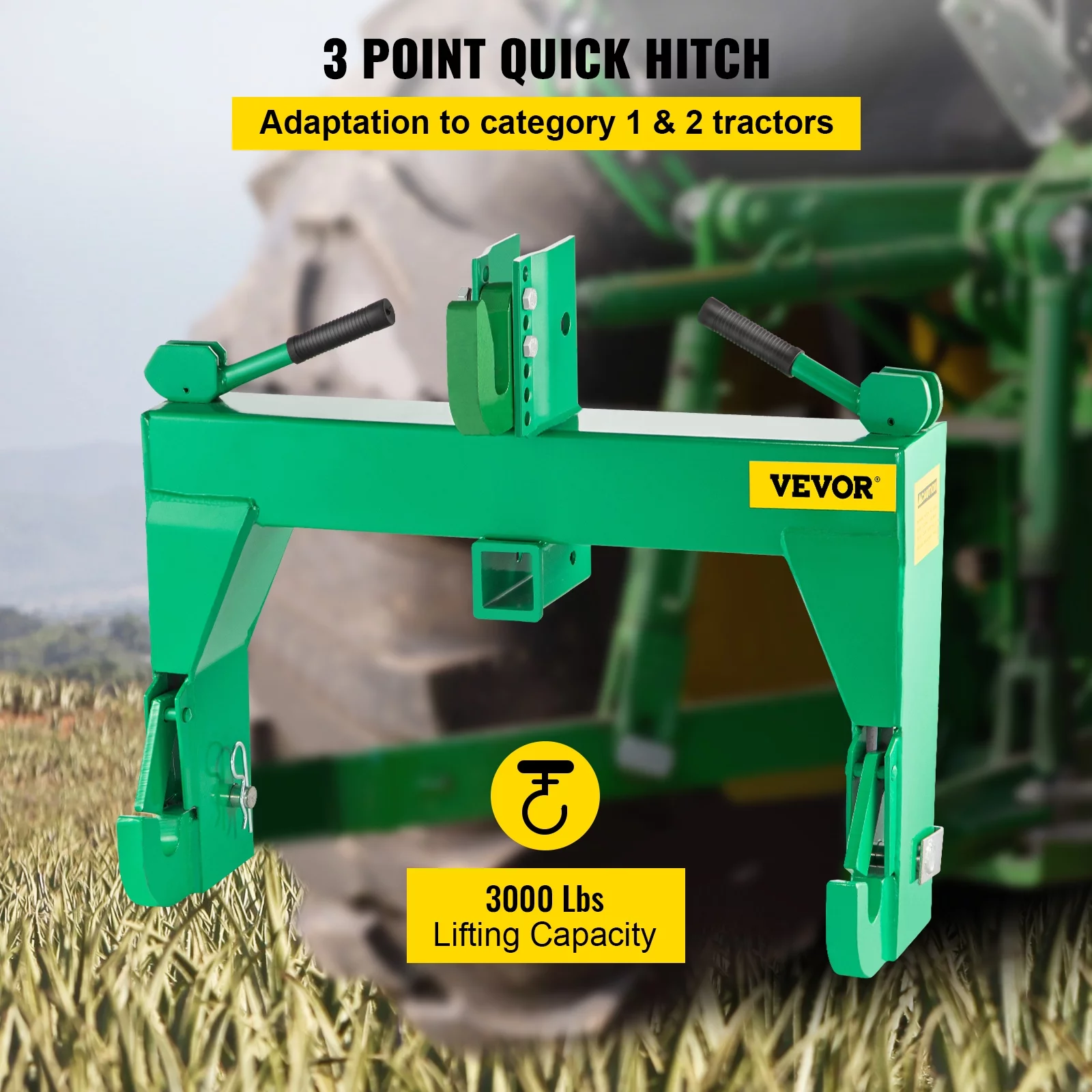 VEVORbrand 3-Point Quick Hitch, 3000 lbs Lifting Capacity Tractor Quick Hitch, Adaptation to Category 1 & 2 Tractors, No welding & 5 level Adjustable bolt