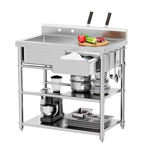 BONNLO Stainless Steel Utility Sink, Freestanding Utility Sinks with Workbench Drawer Double Shelves for Commercial Kitchen Laundry Room Farmhouse Hotel Indoor and Outdoor, 36.22