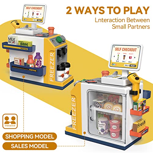 Cash Register Playset for Kids - 48PCS Pretend Play Money, Calculator, Scanner, Credit Card and Play Food for Boys and Girls Ages 3+ (668-125)