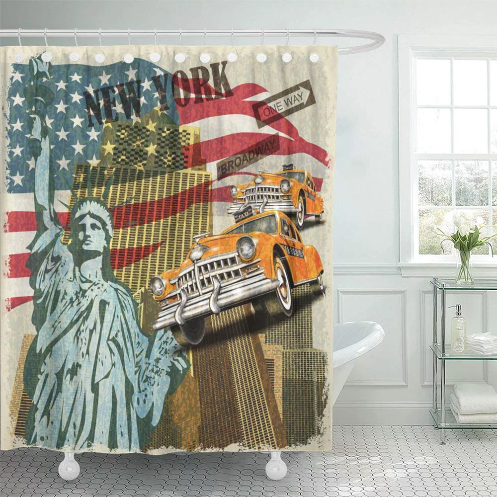 KSADK Yellow Collage New York Vintage NYC USA Travel Retro Taxi 1950S America Shower Curtain 66x72 inch