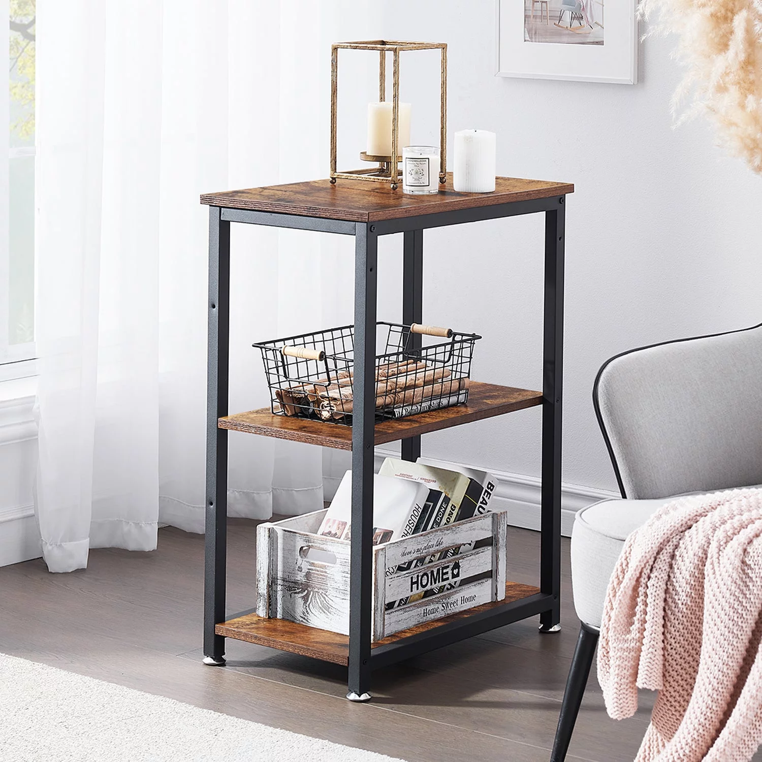 VECELO 3-Tier End Table with Storage Shelf, Nightstand Sofa Side Table for Bedroom/Living Room/Hallway/Study, Brown