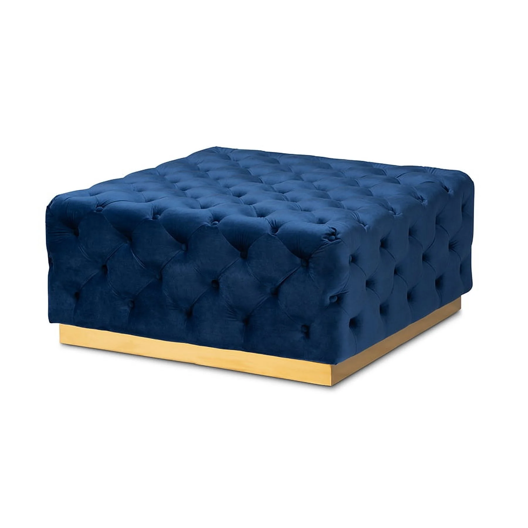 Verene Glam and Luxe Royal Blue Velvet Fabric Upholstered Gold Finished Square Cocktail Ottoman
