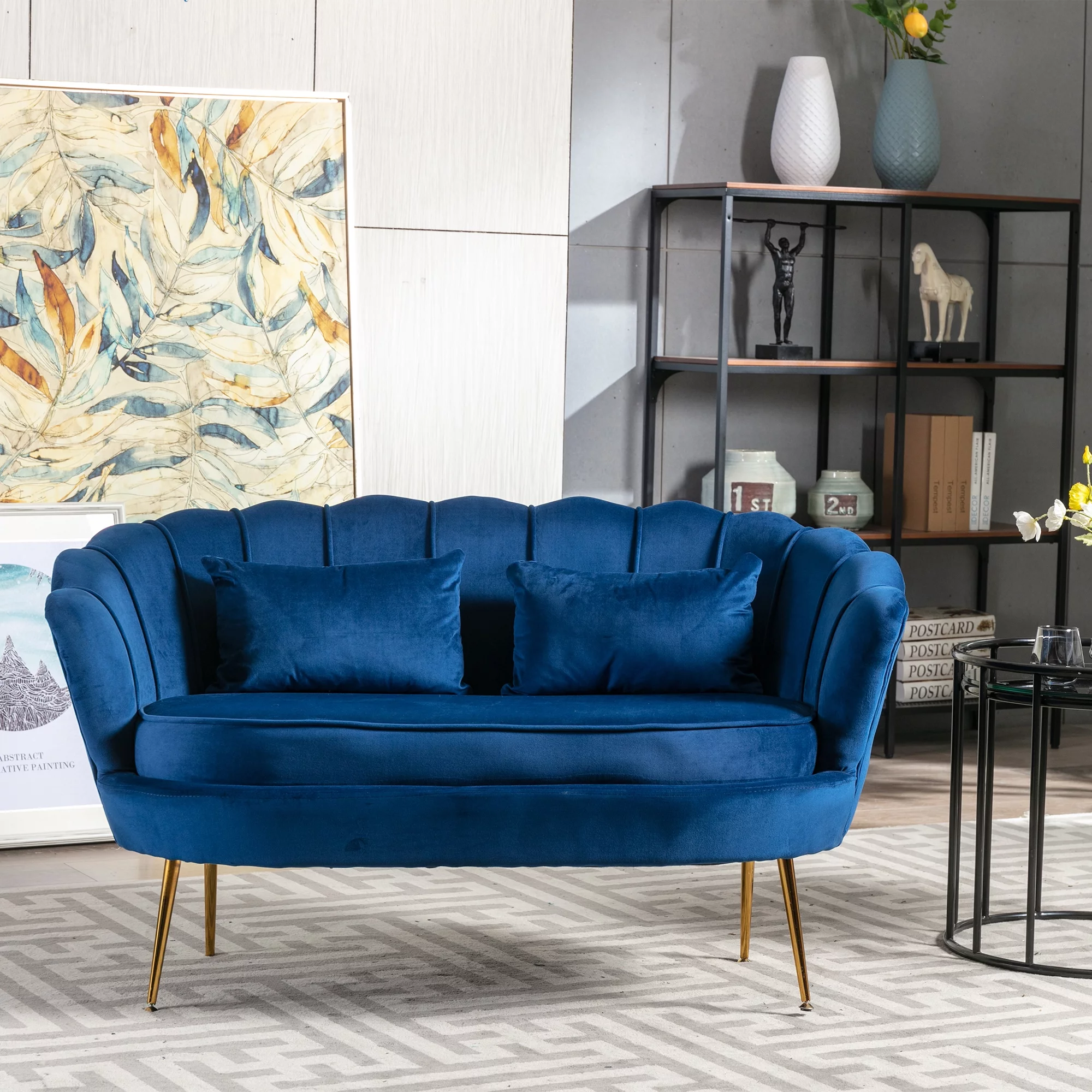Home Beyond Velvet Flared Arm Loveseat Contemporary Channel Tufted Loveseat Comfy Barrel Curved Sofa Chair with Gold Legs 3 Seat Rolled Arm Sofa for Living Room, Bedroom, Office, Blue UC-17DB