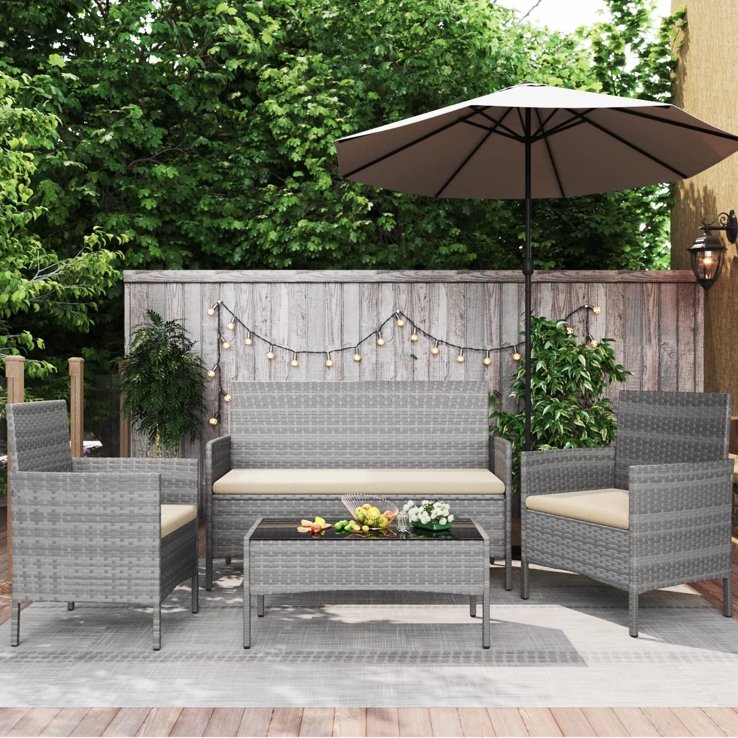Popular Patio Furniture 4 Pieces Conversation Sets Outdoor Wicker Rattan Chairs Garden Backyard Balcony Porch Poolside loveseat with Soft Cushion and Glass Table  Brown and Beige