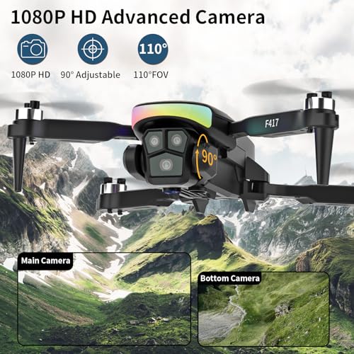 F417 Drone with Camera 1080P for Beginners and Adults,RGB LED Light 90°Electric Adjustable Lens,FPV Drone Mini RC Quadcopter with Live Video Camera,360° Flip,One Key Take Off/Land,Carry Case,Black
