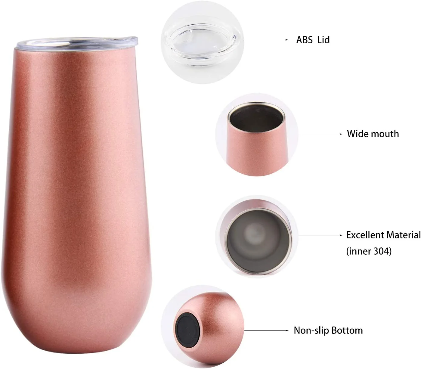 Sivaphe Stainless Steel Champagne Toasting Glasses 6 Ounce with Lid Rosegold Insulated Champagne Flutes 2 Set