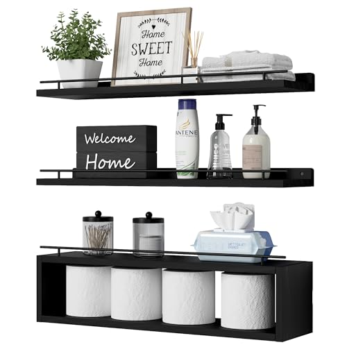 WOPITUES Floating Shelves for Wall With Cube Shelf, Metal Rail for Bathroom Decor, Organizers and Storage, Over Toilet Shelves, Toilet Paper - White