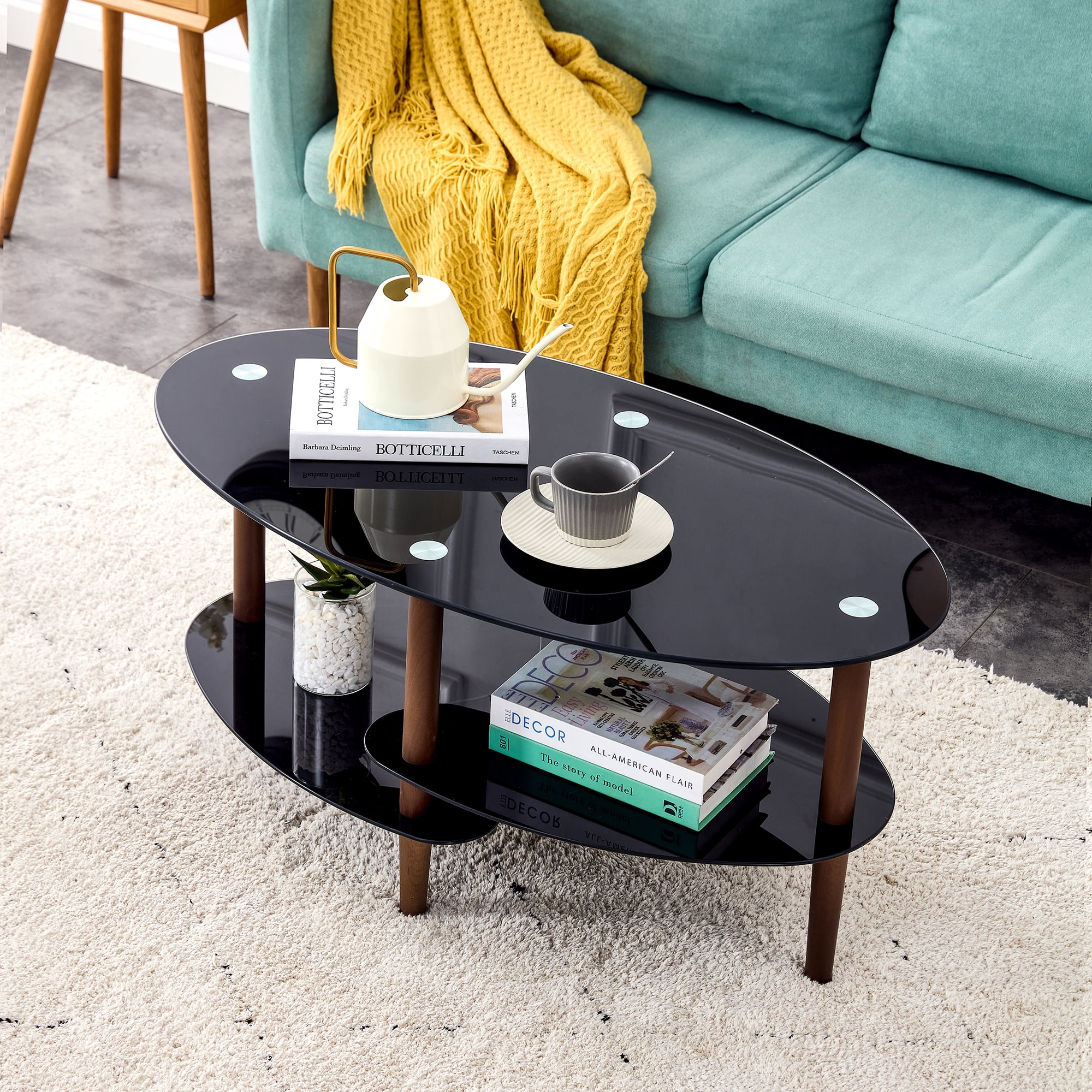 Black Oval glass coffee table, modern table in living room Oak wood leg tea table 3-layer glass table