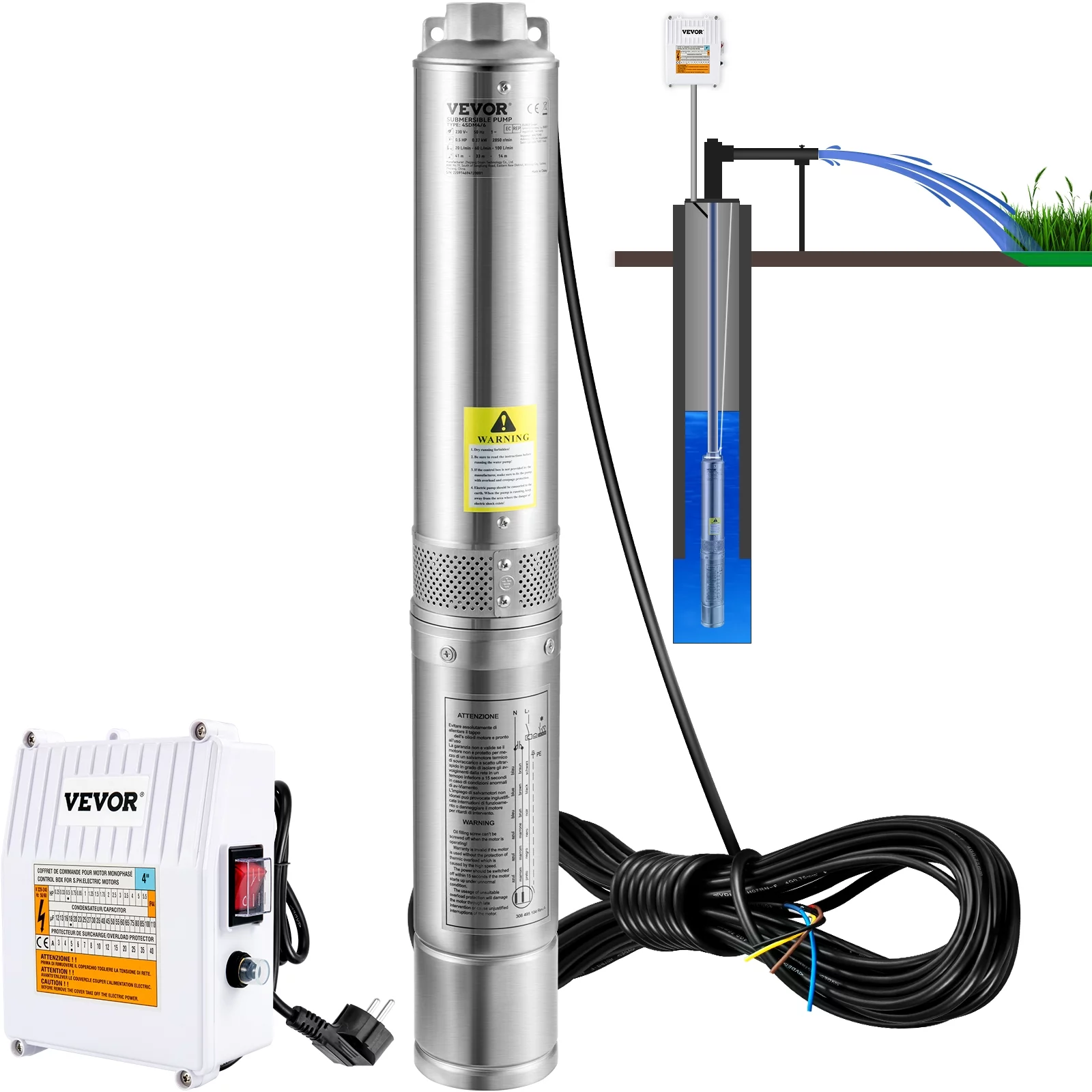 VEVOR Deep Well Submersible Pump, 3HP 230V/60Hz, 37GPM 640 ft Head, with 33 ft Cord & External Control Box, 4 inch Stainless Steel Water Pumps for Industrial, Irrigation and Home Use, IP68 Waterproof
