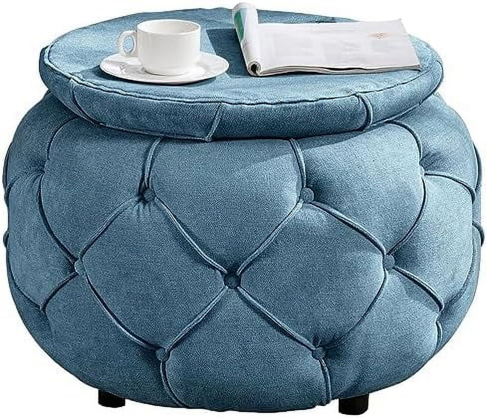 RUNFAYBIU Tufted  Ottoman for Bedroom 27.5" Woven Round Ottoman Stool Seat Fabric Upholstered End Coffee Table with Double Sided Lid Living Room Foot  Stool with  (Blue)
