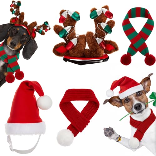 Zubebe 4 Pcs Dog Christmas Antlers Headband Scarf Set Dog Christmas Outfit Reindeer Antlers Headband Holiday Scarf for Xmas Pets Costumes Accessories(Classic)