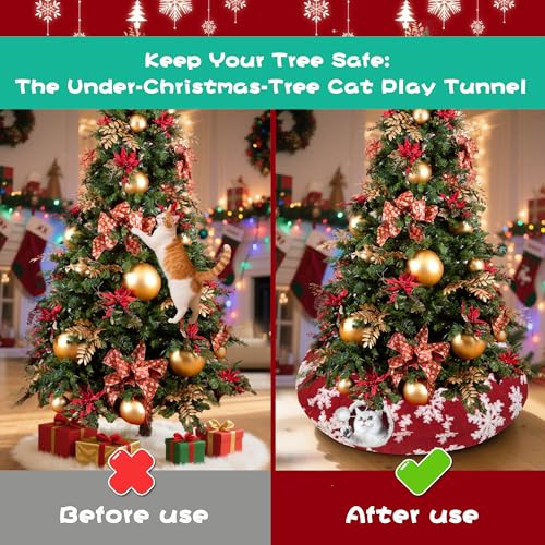 LUCKITTY Christmas Snowflake Print Cat Tunnel Under Tree, Velvet-Touch Jacquard Fabric with Hanging Plush Ball, 10-Inch Diameter 3-Ft Wide Round Pet Tube - Plush & Festive Cat Diversion Red