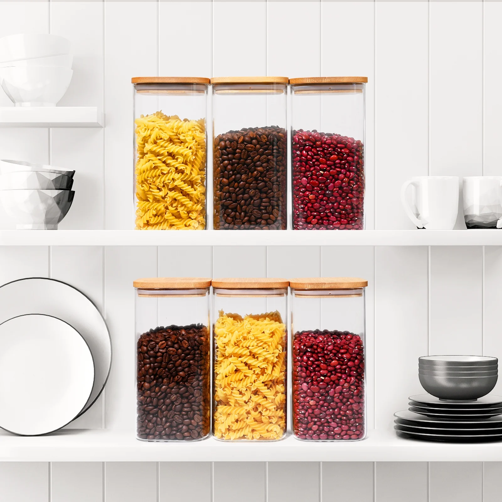 Ollieroo 3 Pack 50OZ Glass Storage Jars with Bamboo Lids,Glass Food Storage Canister for Serving Tea, Coffee, Spice, Candy, Cookie