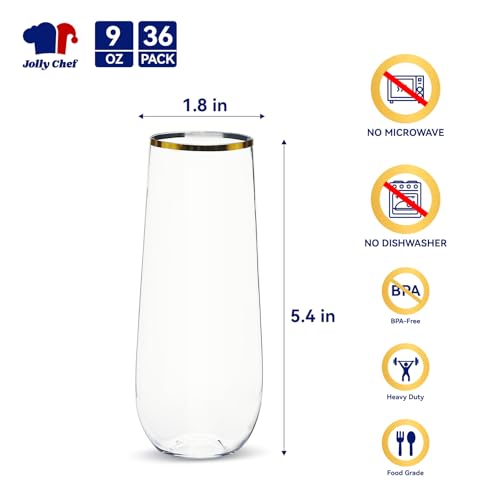 JOLLY CHEF 36 Pack Stemless Plastic Champagne Flutes 9 oz, Crystal Clear Stemless Plastic Toasting Glasses, Clear Disposable Unbreakable Drinkware Ideal for Wedding, Birthday, Party, Thanksgiving