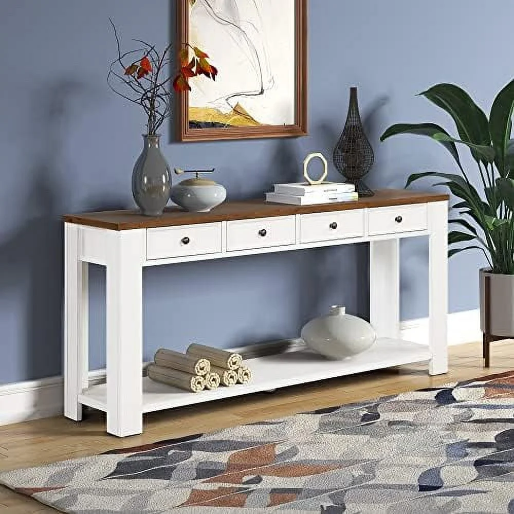 HJZUINIUNIU Farmhouse Entryway Console Table with Shelves and Drawers  Rustic Hallway Table Sofa Tables with 4 Drawers and 1 Bottom   Long Narrow Console Table for Living Room  White Brow