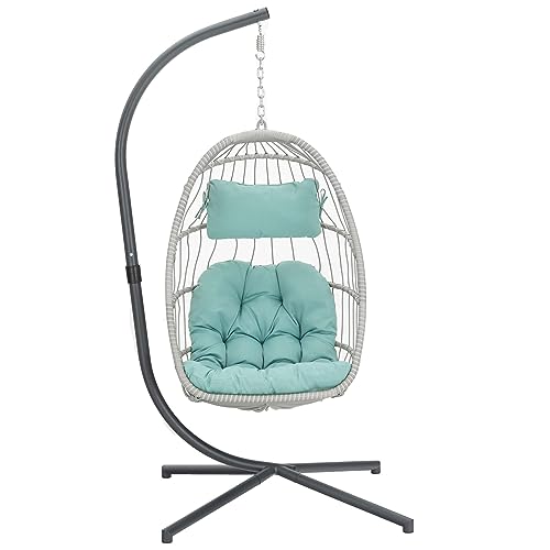 Yechen Hanging Egg Chair with Stand and Footrest for Indoor Outdoor, Foldable Wicker Rattan Patio Egg Swing Chairs Hammock Egg Chair with UV Resistant Cushion for Bedroom Porch, 350 Lbs Capacity