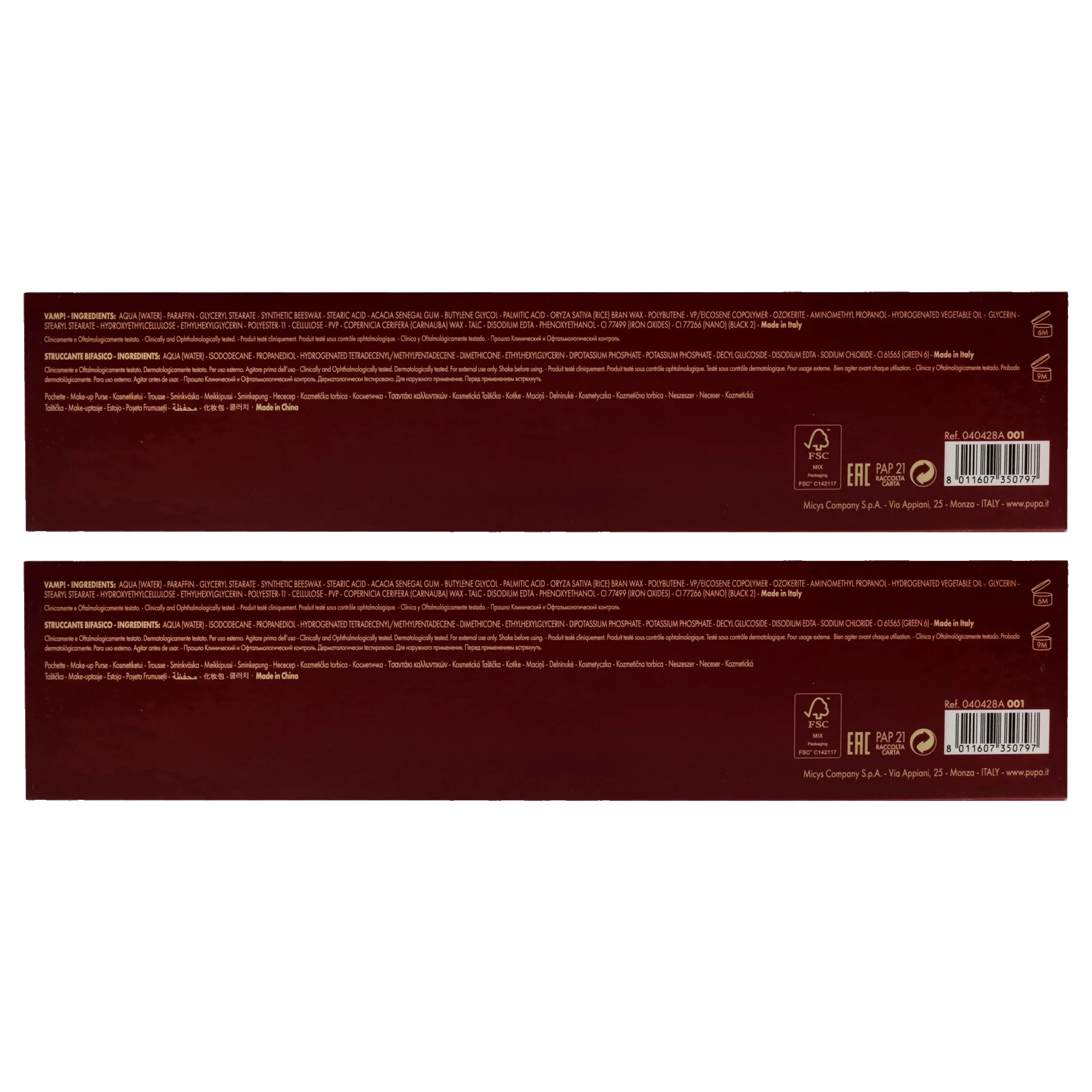 Pupa Milano Vamp! Mascara and Two-Phase Make-Up Remover Set - Pack of 2 - 3 Pc 0.30oz Vamp! Mascara - 100 Black, 1.69oz Two-Phase Make-Up Remover, Beauty Bag