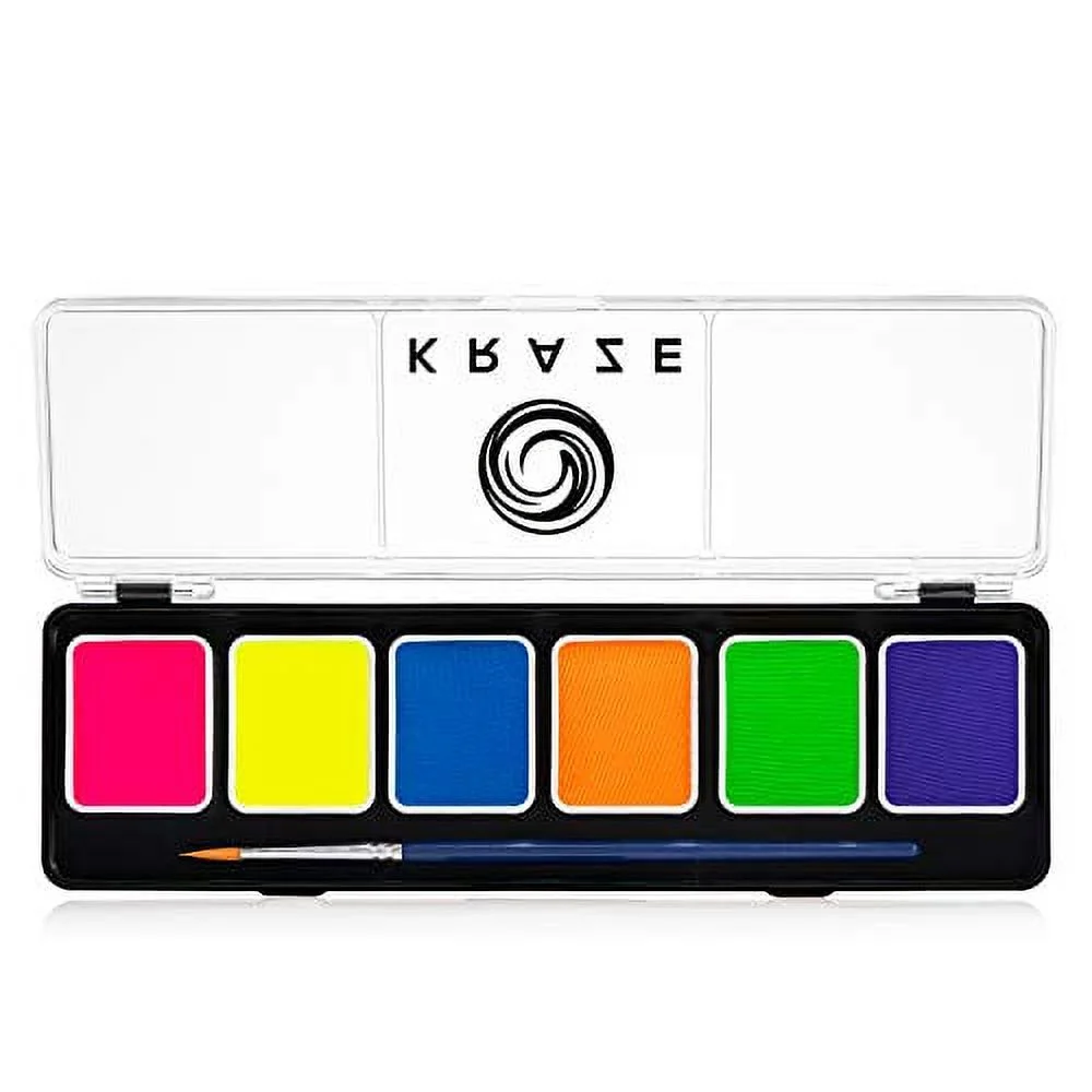 Kraze FX 6 Color Neon Face & Body Paint Palette (6 gram) with Brush - Water Activated, Professional UV Glow Blacklight Reactive Face Painting Kit, Hypoallergenic & Non-Toxic, Safe for Sensit