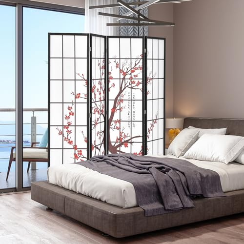 GOFLAME Japanese Style 4 Panel Room Divider, 6ft Folding Shoji Screen Room Partition with Plum Blossom Design, Solid Wood Frame, Freestanding Wall Divider, Indoor Room Separator for Home Office