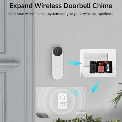 Satisure Wireless Doorbell Chime for Google Nest Doorbell (Wired, 2nd Gen) Doorbell Extender with Receiver Connects to Existing Hardwired 58 Chimes and 5 Volume for Home (1 Video Extender 3 Receiver）