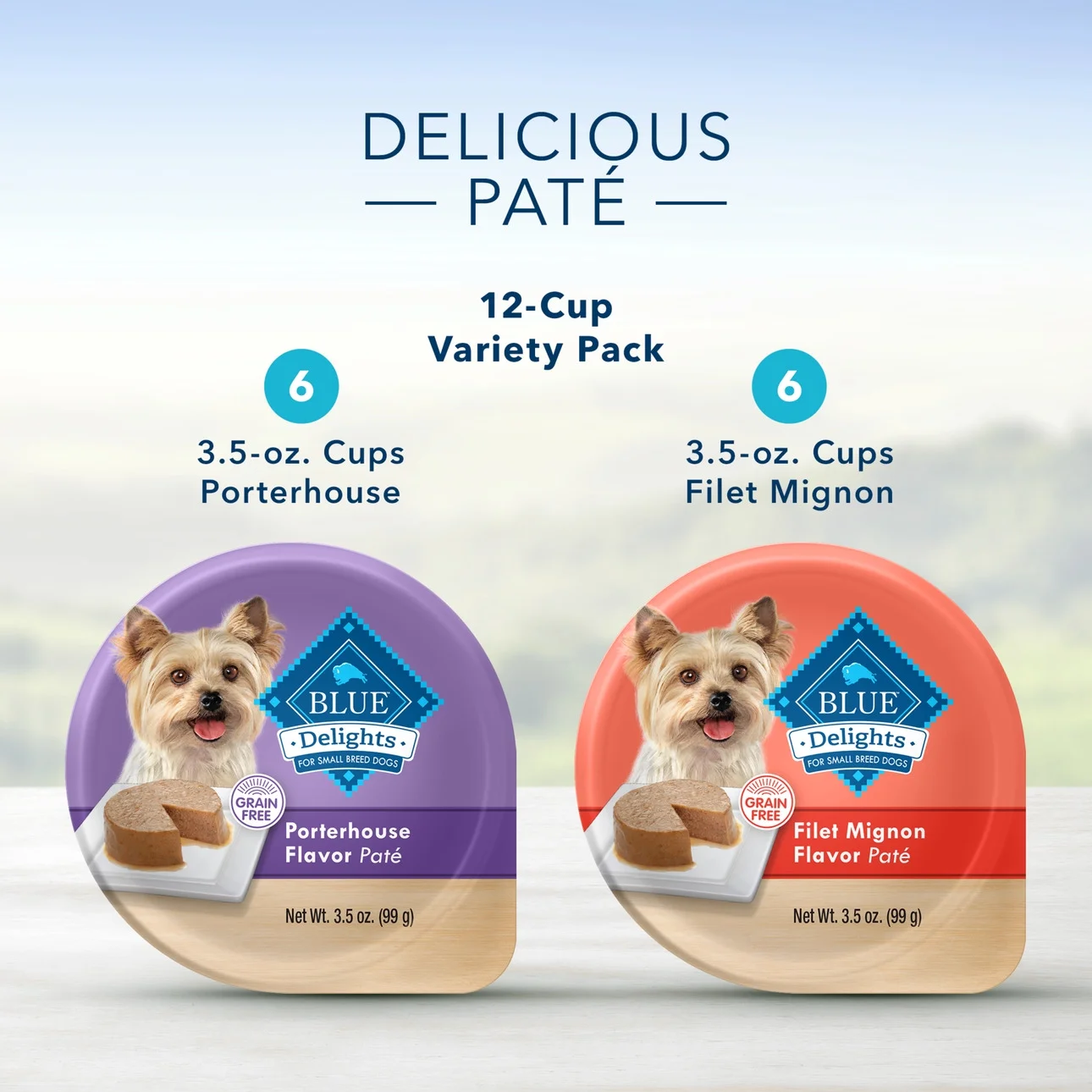 Blue Buffalo Delights Small Breed Filet Mignon & Porterhouse Pate Wet Dog Food Variety Pack for Adult Dogs, Grain-Free, 3.5 oz. Cups (12 Pack)