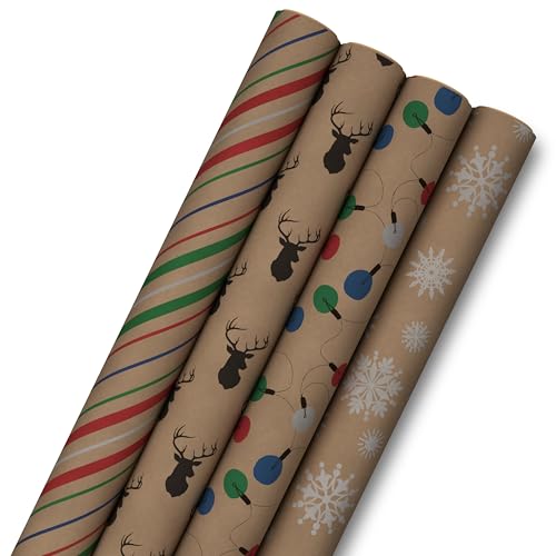 Hallmark Christmas Wrapping Paper Bundle with Cut Lines on Reverse, Kraft (Pack of 4, 88 sq. ft. ttl) Red Trucks, Snowflakes, Stripes, Merry Christmas (5JXW1038)