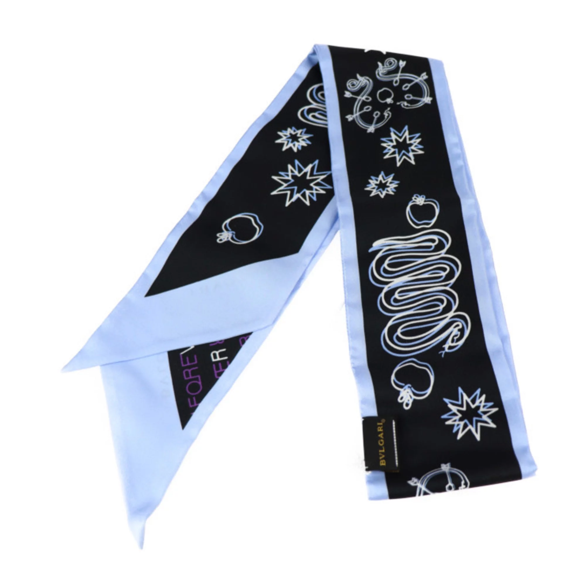 Pre-Owned BVLGARI Bvlgari scarf 100% silk black light blue purple ribbon apple heart snake arrow FOREVER pattern (Like New)