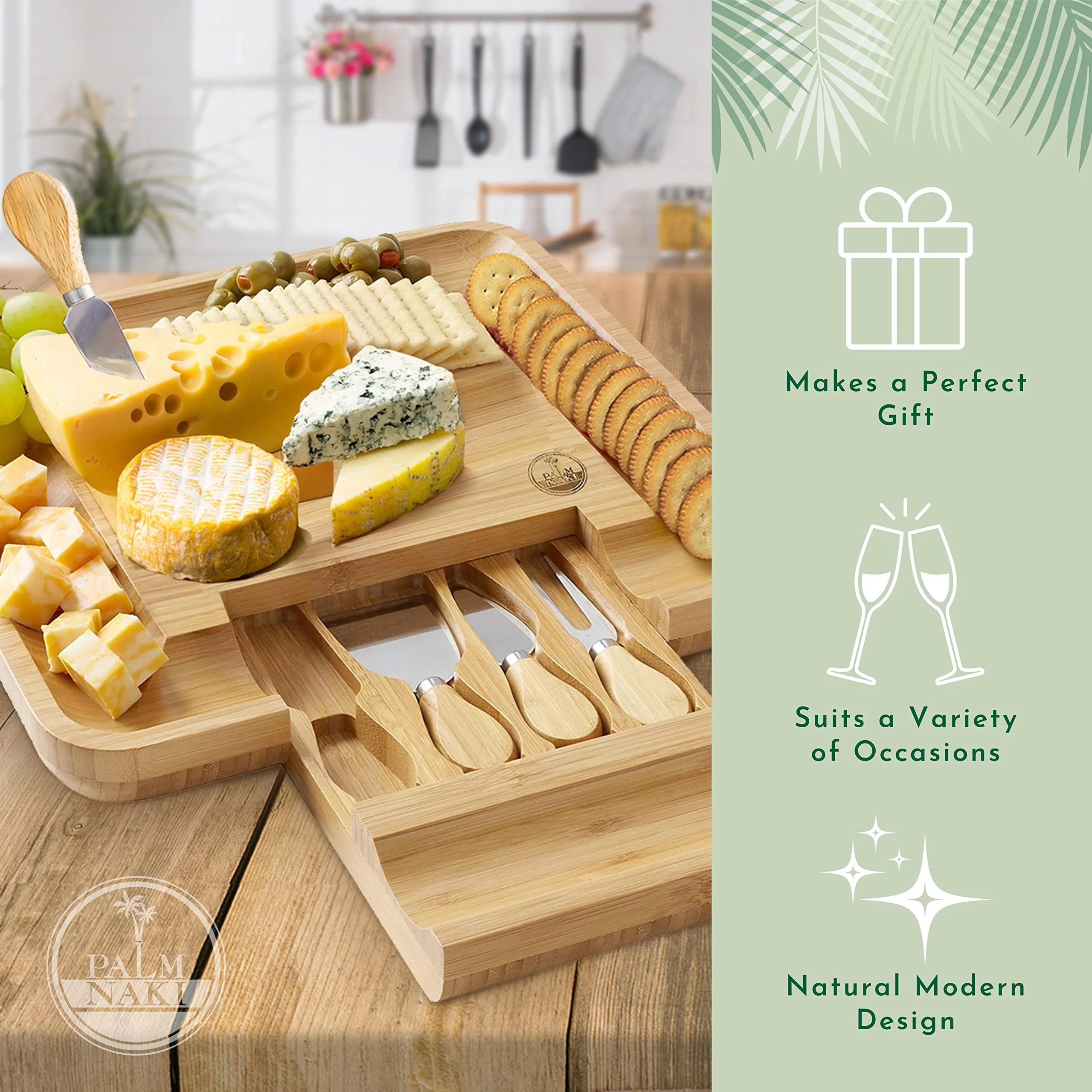 Palm Naki Bamboo Cheese Board and Knife Set - Charcuterie Board with Knife, 13 Large Charcuterie Platter and Serving Tray, Housewarming Gift, Wedding and Anniversary Gift