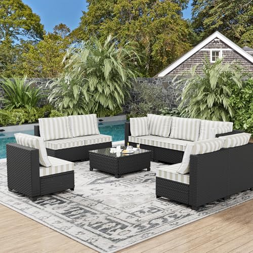 8-Person Rattan Patio Conversation Sets Outdoor Furniture Set Sectional Sofa Group（Cushions Color: Beige and White Stripe）