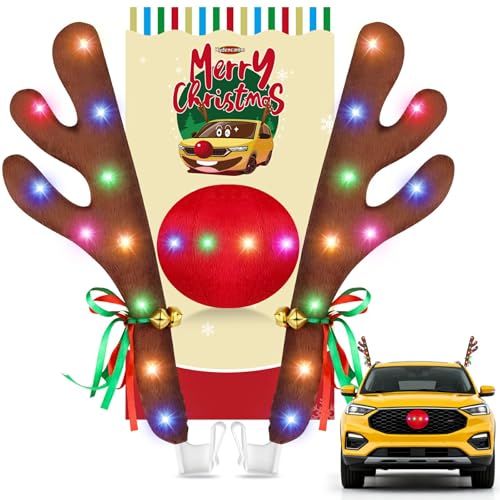 Reindeer Nose for Cars with Lights, Car Reindeer Antlers & Nose for Window Roof-Top & Front Grille with Jingle Bells, Antlers for Cars Compatible with Car, SUV, Jeep, Truck