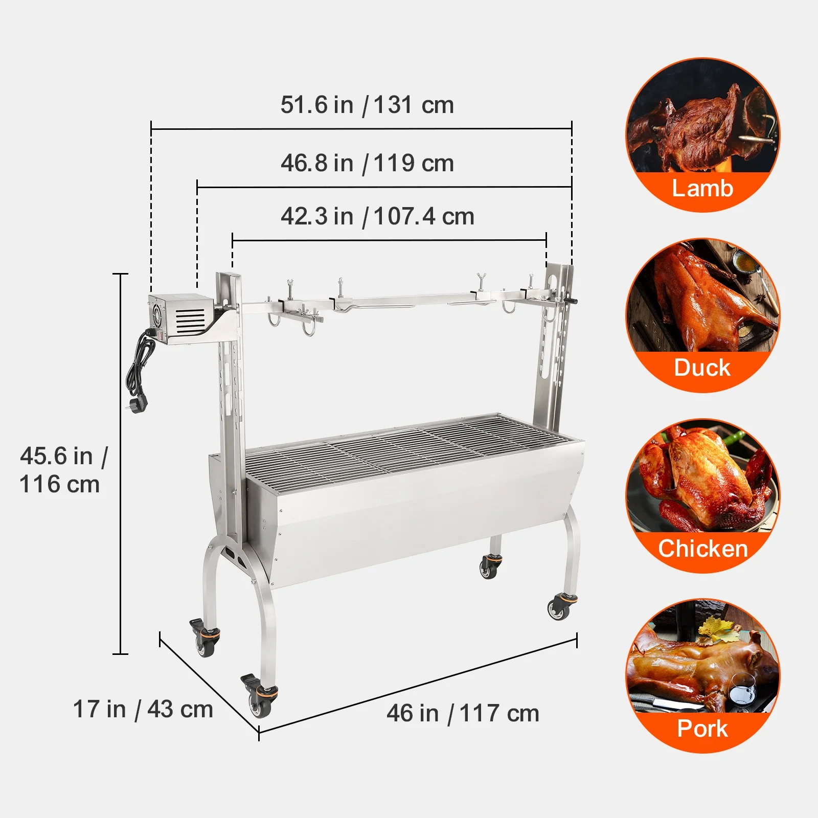 SKYSHALO Roaster Spit Rotisserie BBQ Grill Pig Lamb Chicken Roaster 50W 90lbs